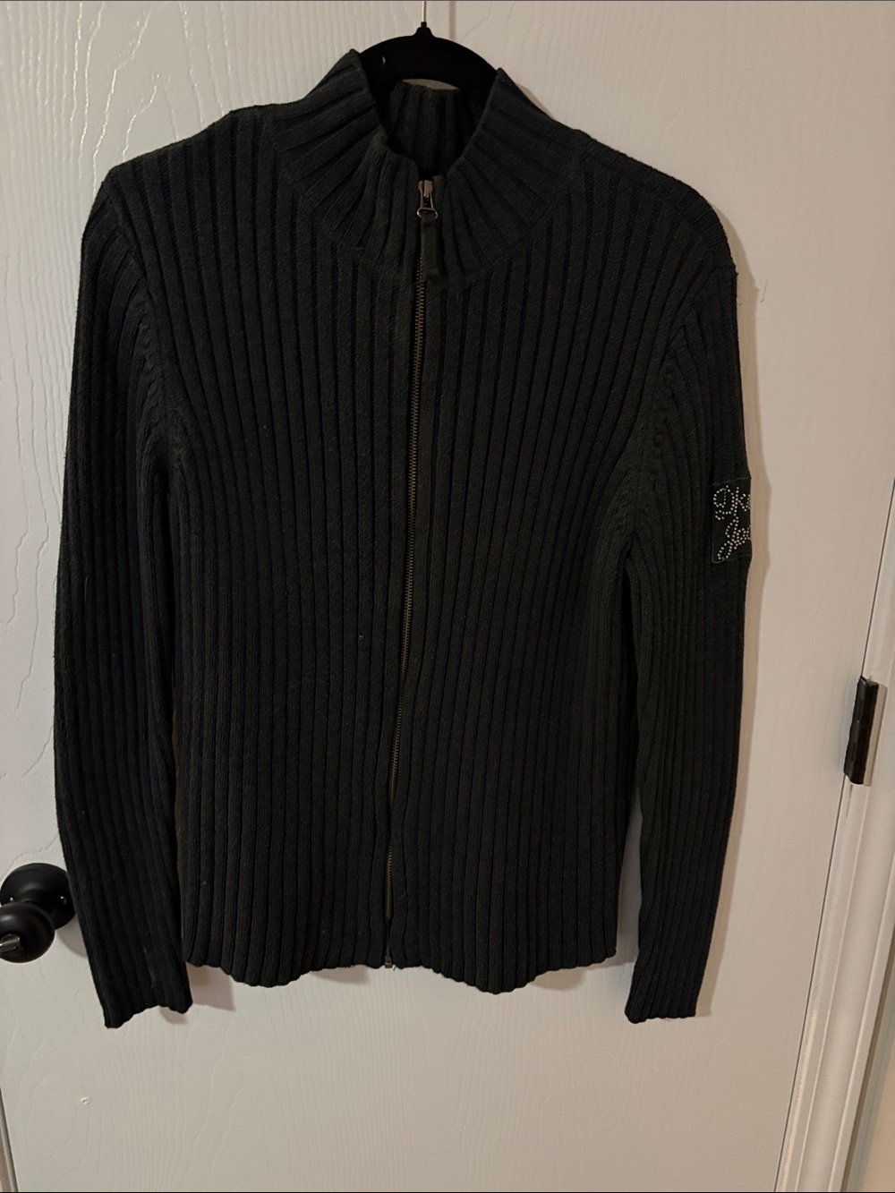 DKNY Dark Charcoal Ribbed Zip-Up Cardigan Sweater